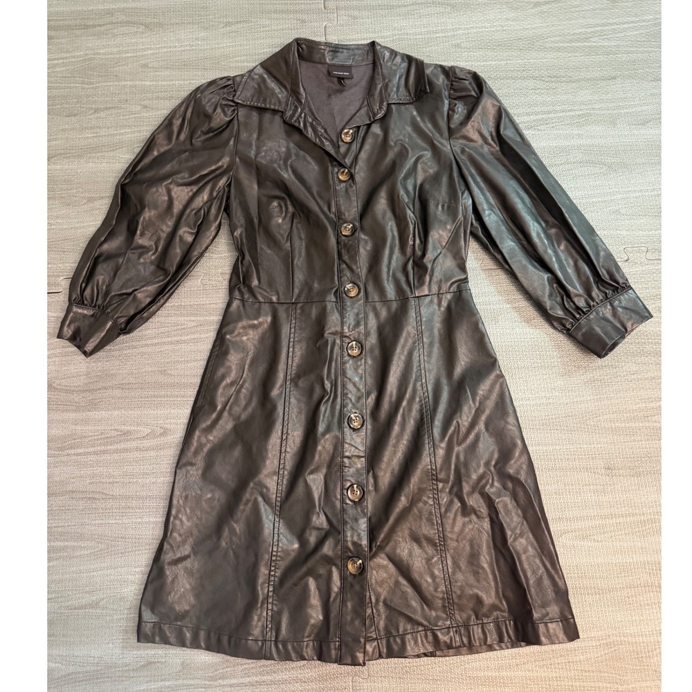 Who What Wear Faux Leather Button Front Mini Dress Puff Sleeve Black Small